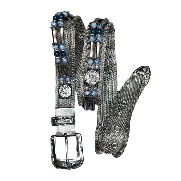 Handcrafted Silver Metal Mesh Belt With Ornate Buckle & Blue Beads Size M - Picture 3 of 12